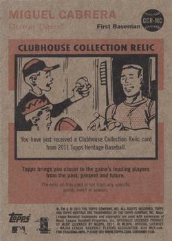 2011 Topps Heritage - Clubhouse Collection Relics #CCR-MC Miguel Cabrera Back