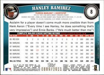 2011 Topps Opening Day - Blue #8 Hanley Ramirez Back
