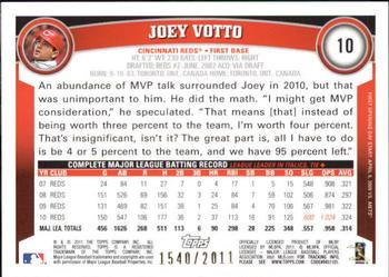 2011 Topps Opening Day - Blue #10 Joey Votto Back