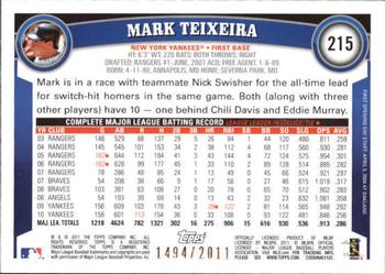 2011 Topps Opening Day - Blue #215 Mark Teixeira Back