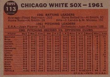 1962 Topps #113 Chicago White Sox Back