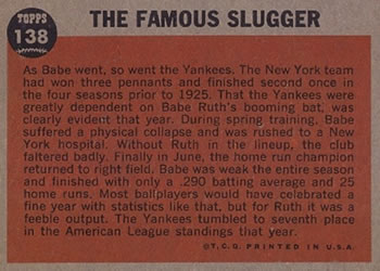 1962 Topps #138 The Famous Slugger Back