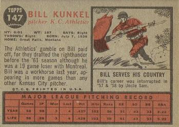1962 Topps #147 Bill Kunkel Back