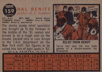 1962 Topps #159 Hal Reniff Back