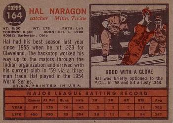 1962 Topps #164 Hal Naragon Back