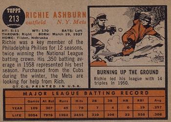 1962 Topps #213 Richie Ashburn Back