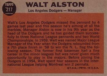 1962 Topps #217 Walt Alston Back