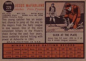 1962 Topps #229 Jesus McFarlane Back