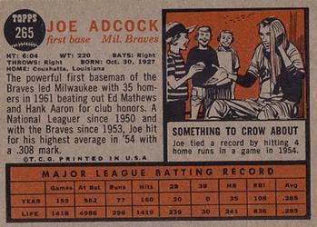 1962 Topps #265 Joe Adcock Back