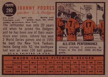 1962 Topps #280 Johnny Podres Back