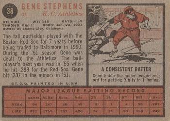 1962 Topps #38 Gene Stephens Back