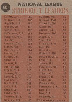 1962 Topps #60 1961 National League Strikeout Leaders (Sandy Koufax / Stan Williams / Don Drysdale / Jim O'Toole) Back