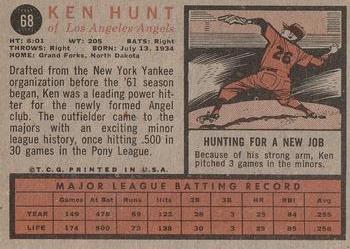 1962 Topps #68 Ken L. Hunt Back