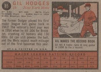 1962 Topps #85 Gil Hodges Back