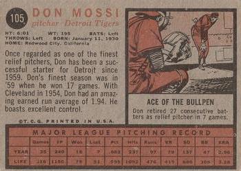 1962 Topps #105 Don Mossi Back