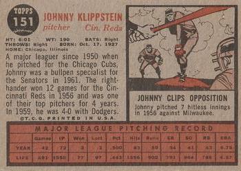 1962 Topps #151 Johnny Klippstein Back