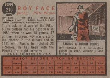 1962 Topps #210 Roy Face Back