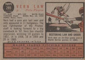 1962 Topps #295 Vern Law Back