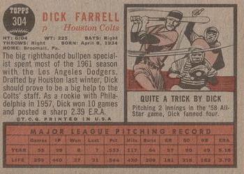 1962 Topps #304 Dick Farrell Back