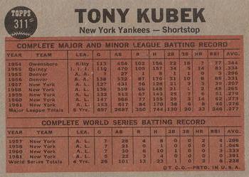 1962 Topps #311 Kubek Makes the Double Play Back