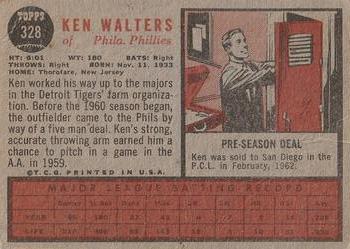 1962 Topps #328 Ken Walters Back