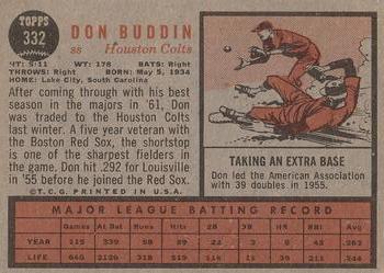 1962 Topps #332 Don Buddin Back