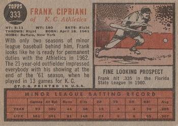 1962 Topps #333 Frank Cipriani Back