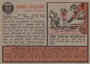 1962 Topps #352 Frank Sullivan Back