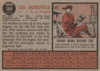 1962 Topps #369 Ted Bowsfield Back