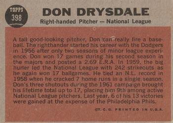 1962 Topps #398 Don Drysdale Back