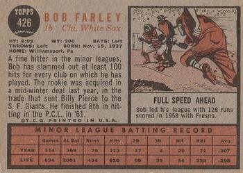 1962 Topps #426 Bob Farley Back