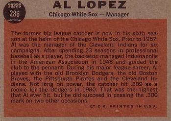 1962 Topps #286 Al Lopez Back