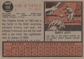 1962 Topps #450 Jim O'Toole Back