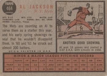 1962 Topps #464 Al Jackson Back