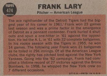 1962 Topps #474 Frank Lary Back