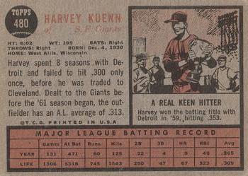 1962 Topps #480 Harvey Kuenn Back