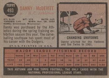 1962 Topps #493 Danny McDevitt Back