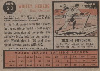 1962 Topps #513 Whitey Herzog Back