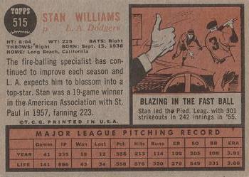 1962 Topps #515 Stan Williams Back