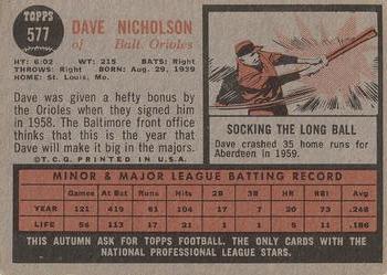 1962 Topps #577 Dave Nicholson Back