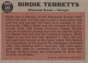 1962 Topps #588 Birdie Tebbetts Back