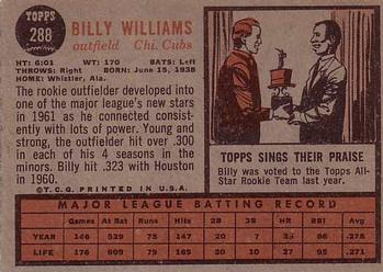 1962 Topps #288 Billy Williams Back