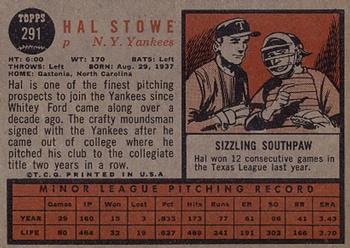 1962 Topps #291 Hal Stowe Back