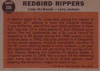 1962 Topps #306 Redbird Rippers (Lindy McDaniel / Larry Jackson) Back