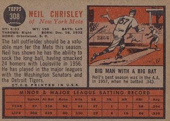 1962 Topps #308 Neil Chrisley Back