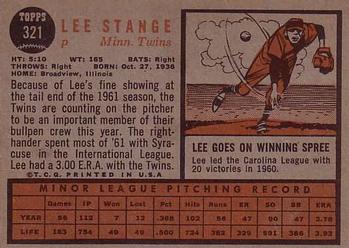 1962 Topps #321 Lee Stange Back