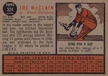 1962 Topps #324 Joe McClain Back