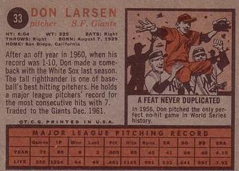 1962 Topps #33 Don Larsen Back