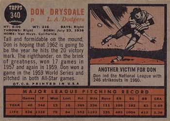 1962 Topps #340 Don Drysdale Back
