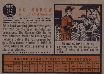 1962 Topps #342 Ed Rakow Back